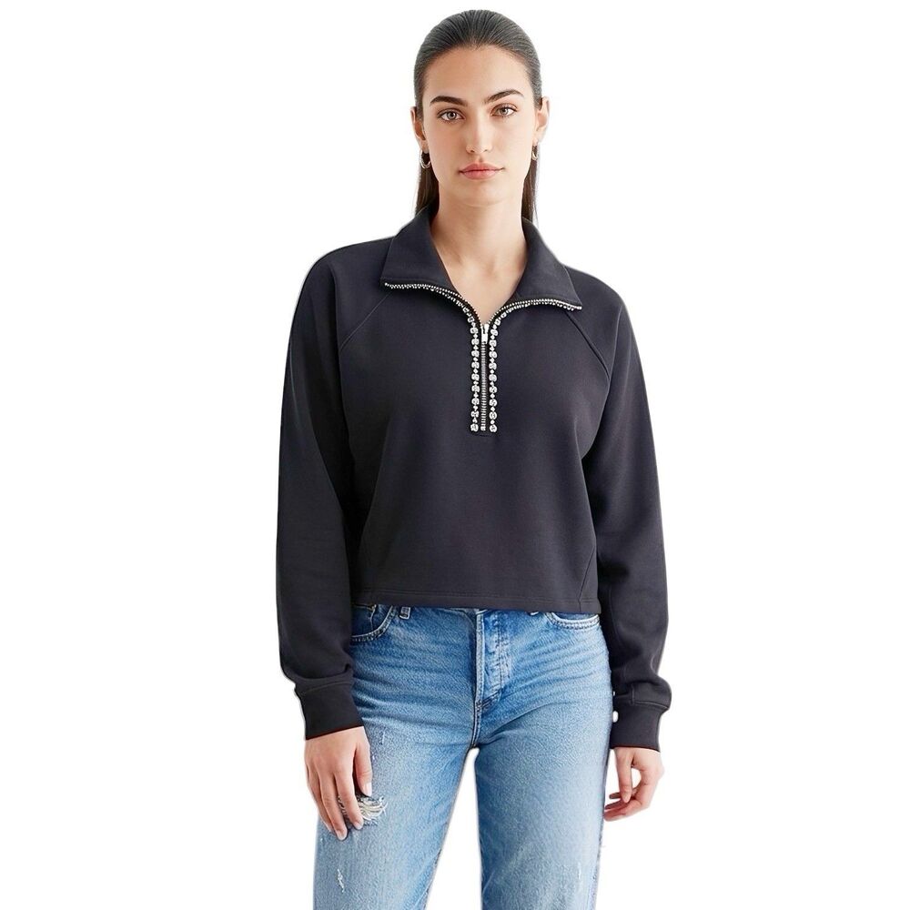 EXPRESS Womens Sweatshirt Sz Large Rhinestone Trim Quarter Zip Boxy Fleece Black